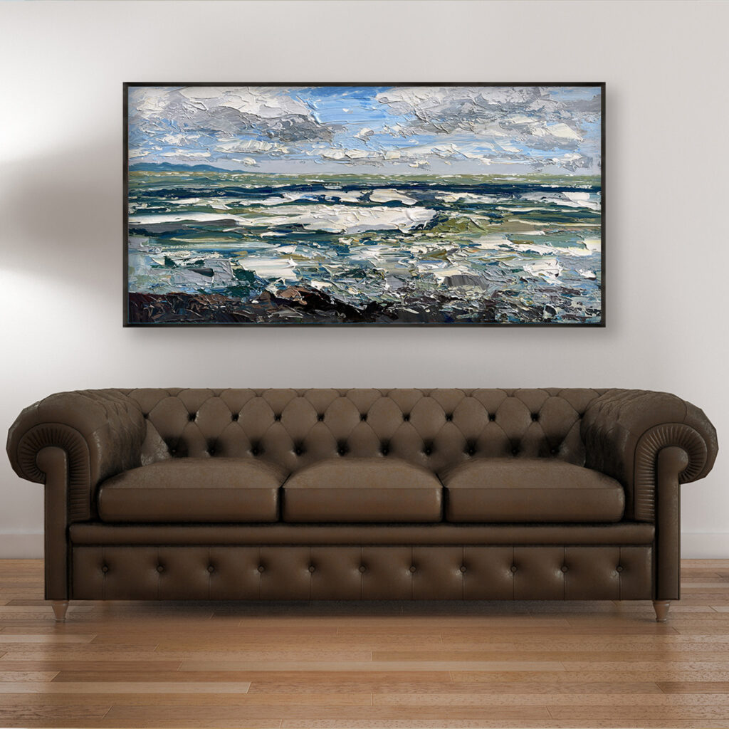 Ocean painting, original oil painting on canvas, home decor, hanging in a modern living room with a brown sofa