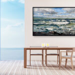 Ocean painting, original oil painting on canvas hanging in a modern living room with a table and ocean view