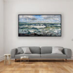 Ocean painting, original oil painting on canvas hanging in a modern living room with a gray sofa