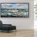 Ocean painting, original oil painting on canvas hanging in a modern living room with a black sofa