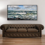 Ocean painting, original oil painting on canvas hanging in a modern living room with a brown sofa