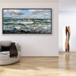 Ocean painting, original oil painting on canvas hanging in a modern living room with a beige sofa