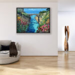 Positano painting, original oil painting on canvas hanging in a modern living room with a beige sofa and home decor