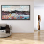 Abstract landscape painting, original oil painting on canvas hanging in a modern living room with a beige sofa