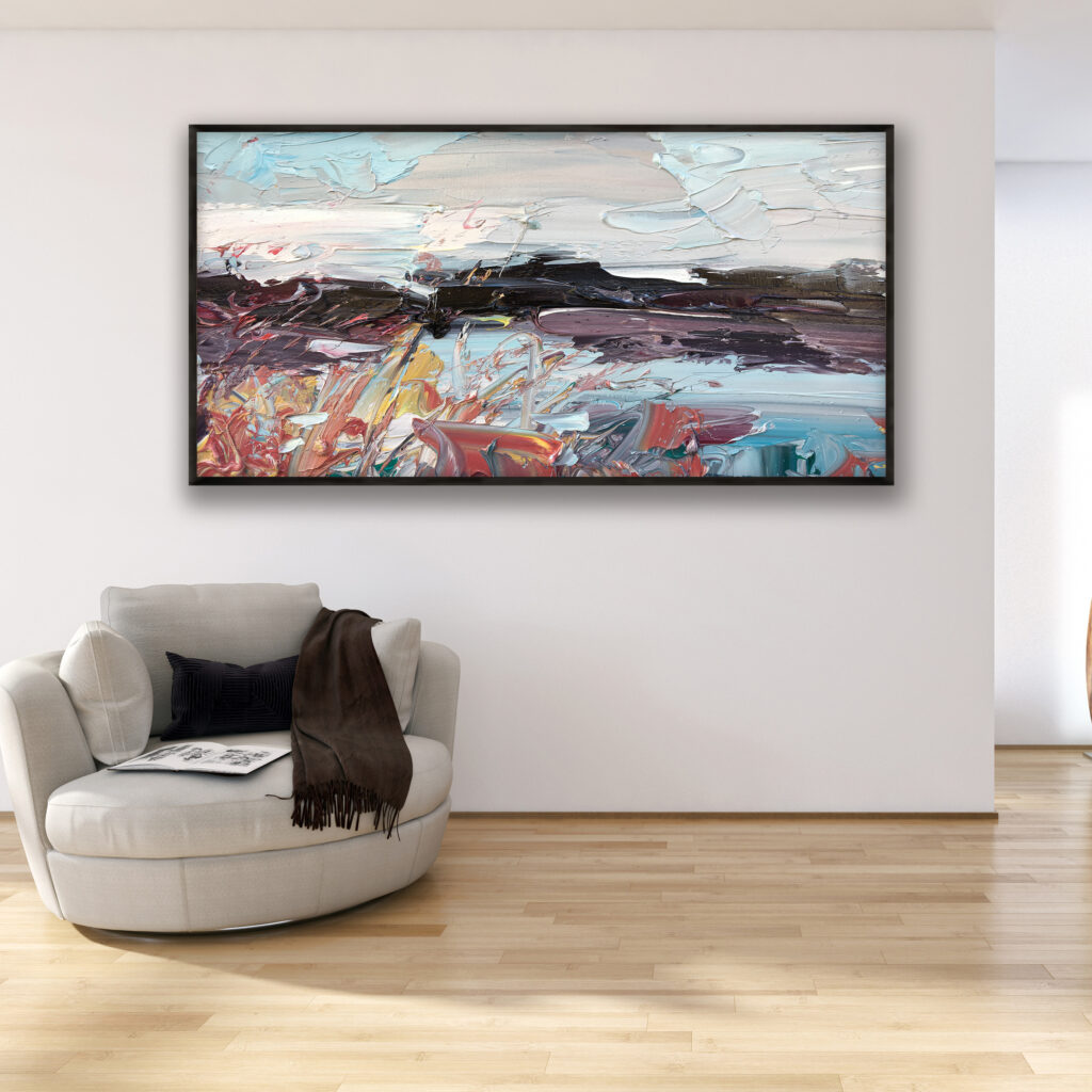 Abstract landscape painting, original oil painting on canvas hanging in a modern living room with a beige sofa