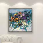 Sunflowers painting, original oil painting on canvas hanging in a modern living room with a white sofa and home decor