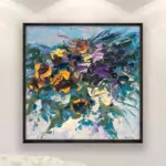 Sunflowers painting, original oil painting on canvas, hanging on a modern wall