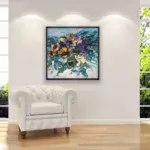 Sunflowers painting, original oil painting on canvas hanging in a modern living room with a white sofa and home decor