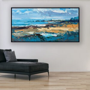 Abstract painting, original oil painting on canvas hanging in a modern living room with a black sofa