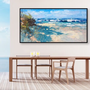 Beach painting, original oil painting on canvas hanging in a modern living room with a table and ocean view