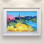 Paris oil painting on canvas, original modern textured view of the Eiffel Tower art, framed, perfect for room wall decor and as unique gift for her, displayed on the wall above a white sofa in a stylish living room