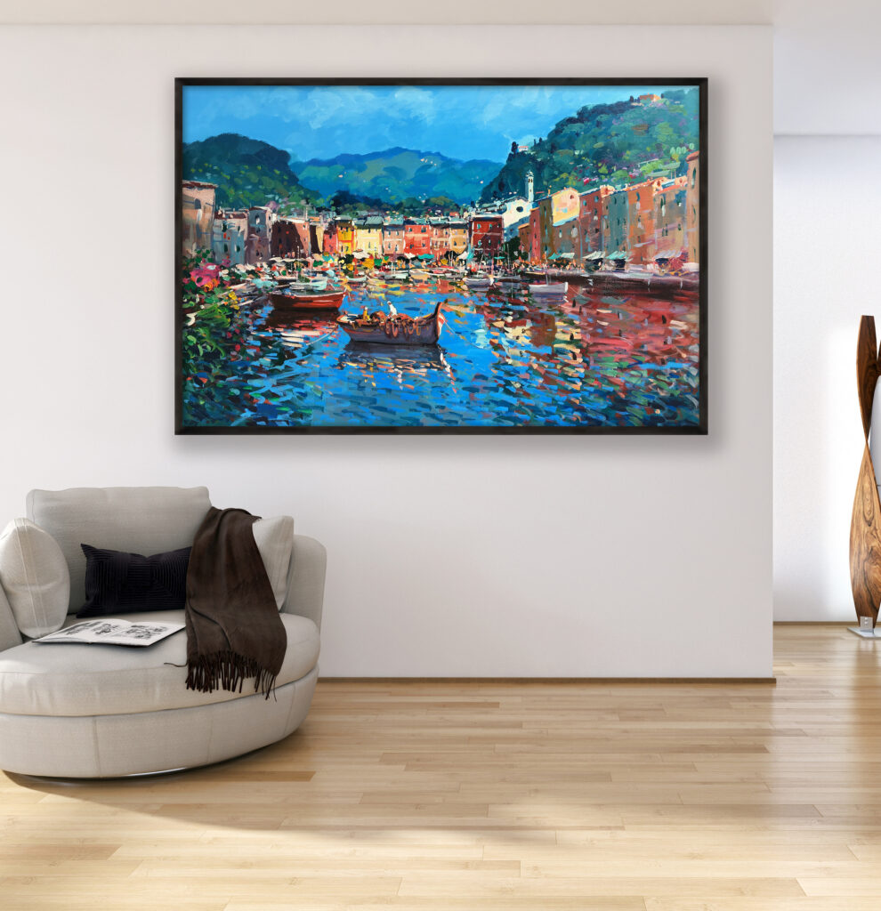 Portofino painting, original oil painting on canvas hanging in a modern living room with a beige sofa