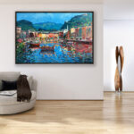 Portofino painting, original oil painting on canvas hanging in a modern living room with a beige sofa