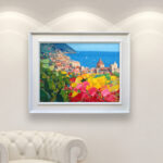 Positano painting, original oil painting on canvas hanging in a modern living room with a white sofa and home decor