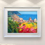 Positano painting, original oil painting on canvas hanging in a modern living room with a white sofa and home decor