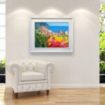 Positano painting, original oil painting on canvas hanging in a modern living room with a white sofa and home decor