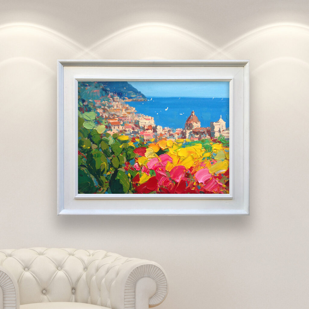 Positano painting, original oil painting on canvas hanging in a modern living room with a white sofa and home decor