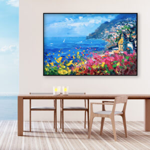 Positano painting, original oil painting on canvas hanging in a modern living room with a table