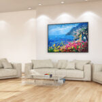 Positano painting, original oil painting on canvas hanging in a modern living room with a white sofa