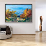 Vineyard painting, original oil painting on canvas hanging in a modern living room with a beige sofa and home decor