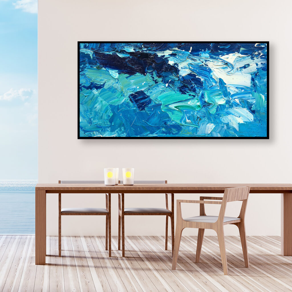 Abstract Ocean Painting on Canvas with rich impasto texture hanging in a modern living room