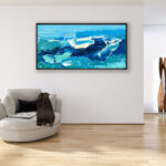 Abstract Ocean Painting oil painting on canvas with rich impasto texture hanging in a modern living room with a beige sofa, showing full room decor.