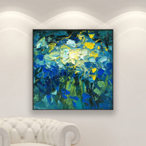 Abstract painting, original oil painting on canvas hanging in a modern living room with a white sofa and home decor