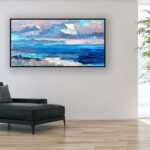 Abstract painting, original oil painting on canvas hanging in a modern living room with a black sofa and home decor