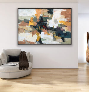 Abstract painting, original oil painting on canvas hanging in a modern living room with a beige sofa