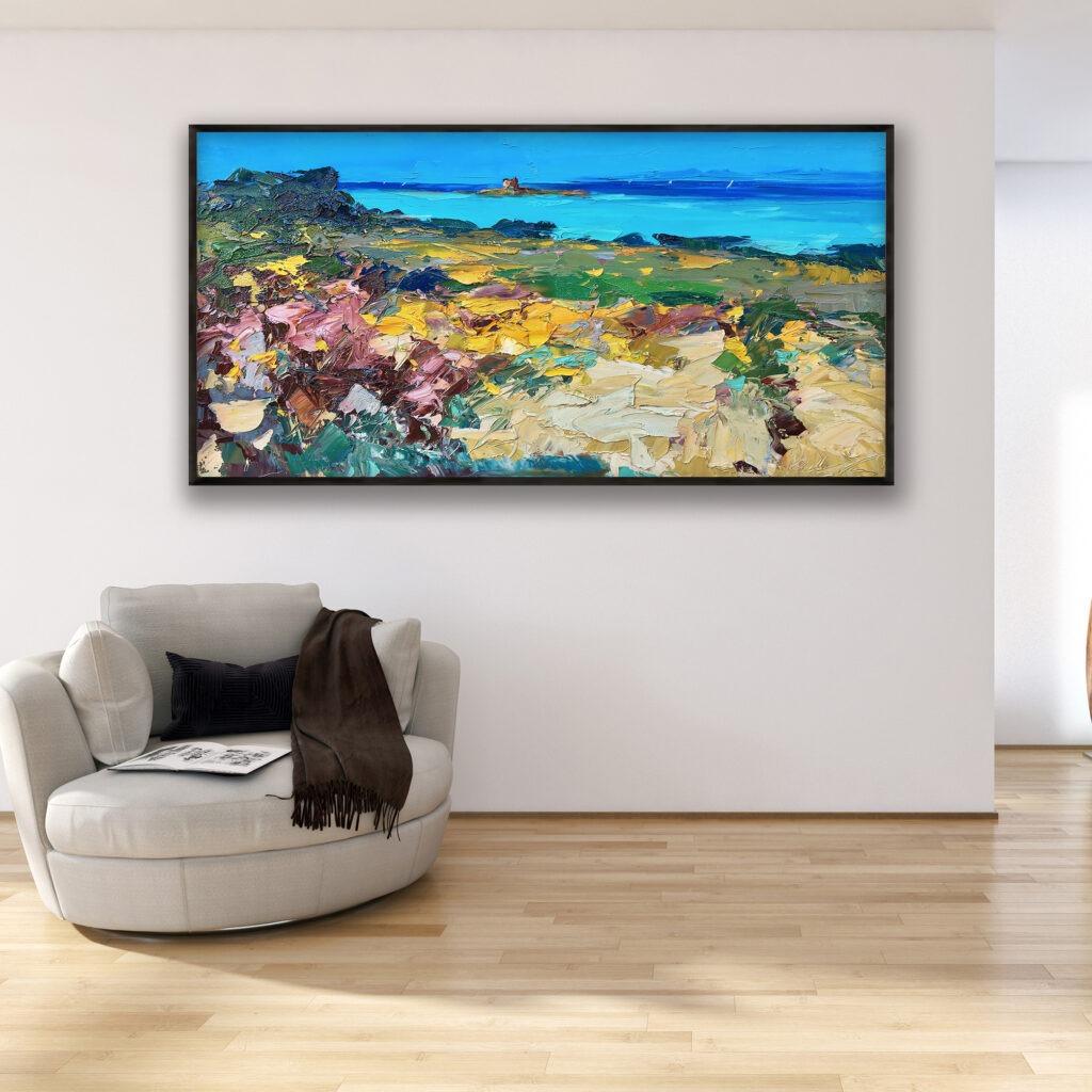 Beach painting, original oil painting on canvas hanging in a modern living room with a beige sofa and home decor