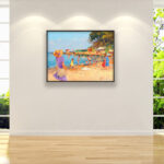 Beach oil painting on canvas with rich impasto texture hanging on a modern wall