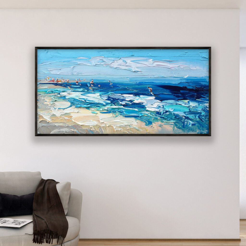 Beach painting, original oil painting on canvas hanging in a modern living room with a beige sofa and home decor