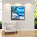 Hawaii Beach painting, original oil painting on canvas hanging in a modern living room with a white sofa and home decor