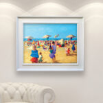 Beach painting, original oil painting on canvas hanging in a modern living room with a white sofa and home decor