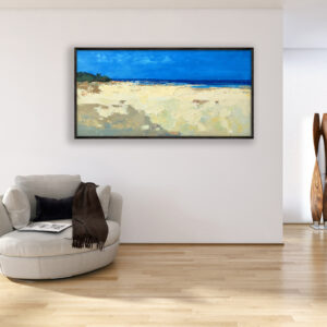 Beach painting, original oil painting on canvas hanging in a modern living room with a beige sofa and home decor