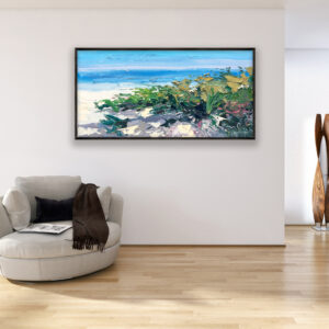 Beach painting, original oil painting on canvas hanging in a modern living room with a beige sofa and home decor