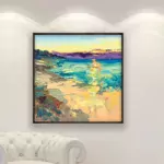 Beach painting, original oil painting on canvas hanging in a modern living room with a white sofa and home decor