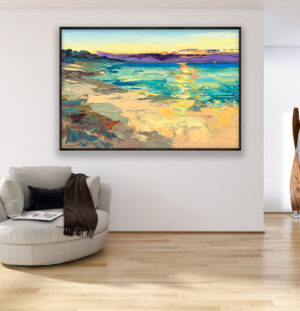 Sunset painting, original oil painting on canvas hanging in a modern living room with a beige sofa and home decor