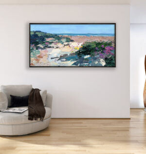 Beach painting, original oil painting on canvas hanging in a modern living room with a beige sofa and home decor