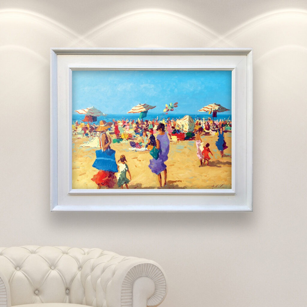 Beach painting, original oil painting on canvas, hanging on a modern wall