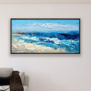 Beach painting, original oil painting on canvas hanging in a modern living room with a beige sofa and home decor