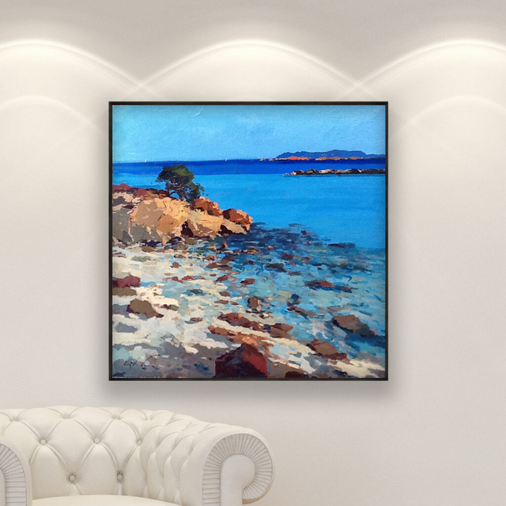 Original Impressionist Oil Painting on Canvas of a Sardinian Beach hanging in a modern living room with a white sofa and home decor