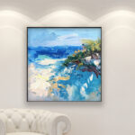 Beach painting, original oil painting on canvas hanging in a modern living room with a white sofa and home decor