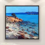 Original Impressionist Oil Painting on Canvas of a Sardinian Beach hanging in a modern living room with a white sofa and home decor