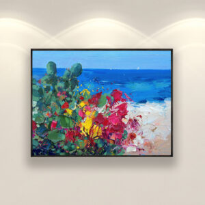 Beach painting with cactus and flowers, original oil painting on canvas hanging on a modern wall