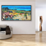 Beach painting, original oil painting on canvas hanging in a modern living room with a beige sofa and home decor