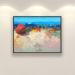 Beach painting, original oil painting on canvas hanging on a modern wall