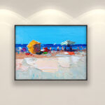 Beach oil painting on canvas with rich impasto texture hanging on a modern wall, viewed from a medium distance.