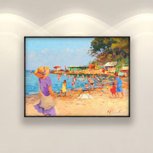 Beach oil painting on canvas with rich impasto texture hanging on a modern wall