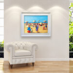 Beach painting, original oil painting on canvas hanging in a modern living room with a white sofa and home decor